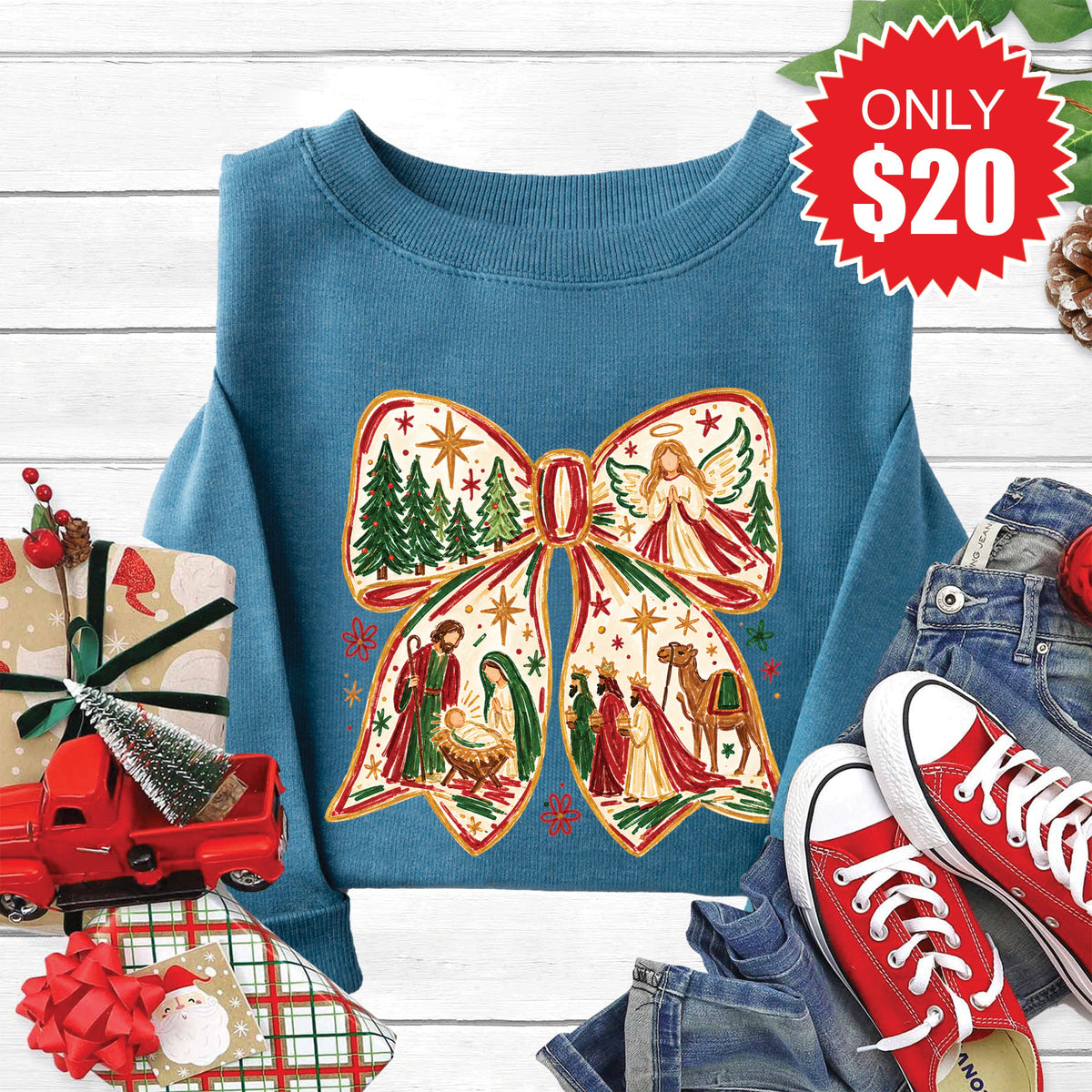 Christmas Bow Sweatshirt - Heather Deep Teal - 20 product image 1