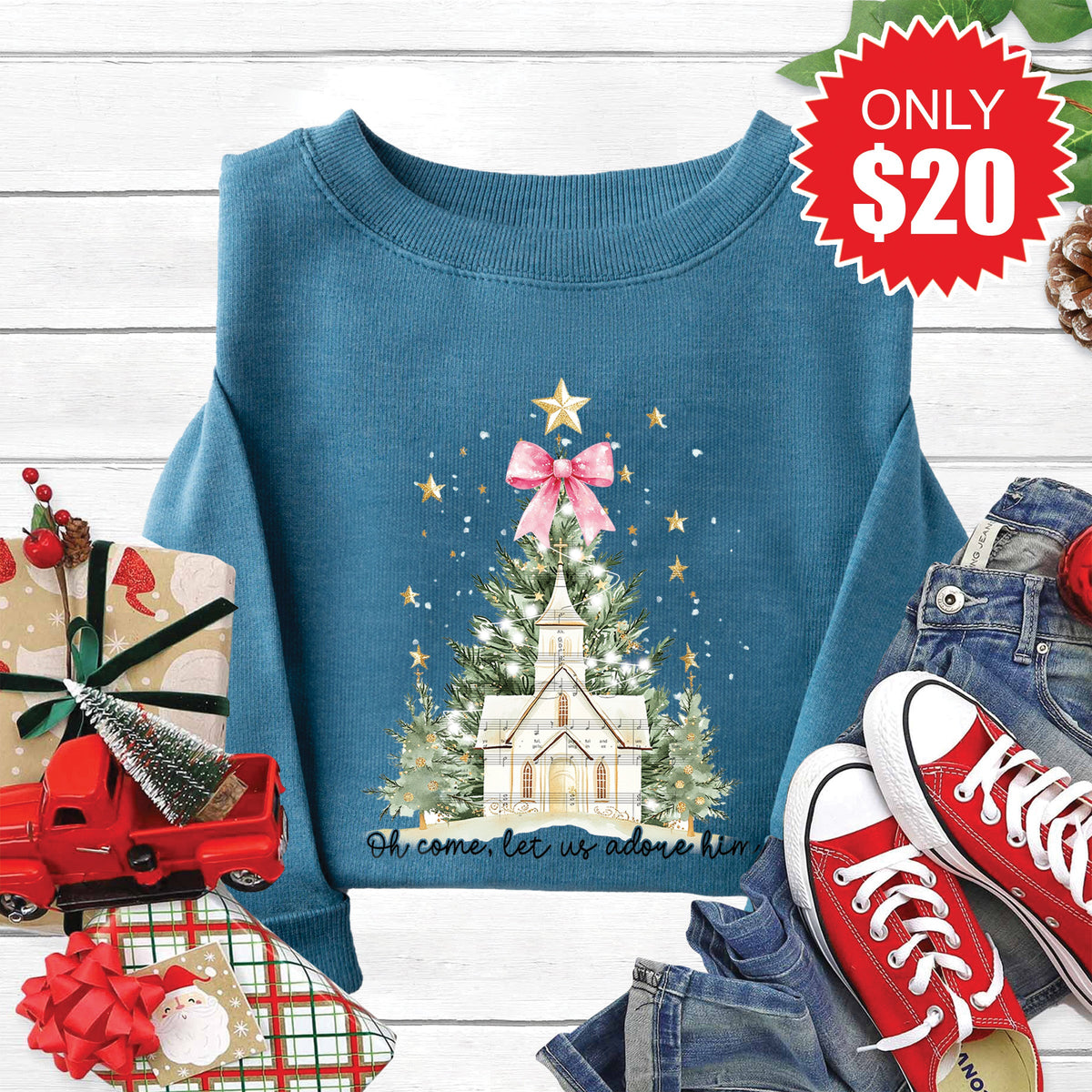 Adore Him Christmas Tree Sweatshirt - Heather Deep Teal - 20 product image 1