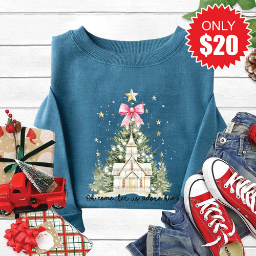 Adore Him Christmas Tree Sweatshirt - Heather Deep Teal - 20 product image 1