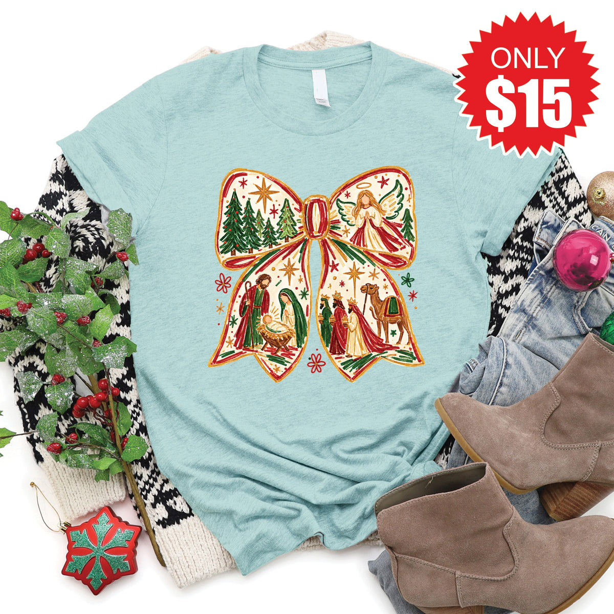 Christmas Bow Tee - Heather Dusty Blue - 15 product image 1