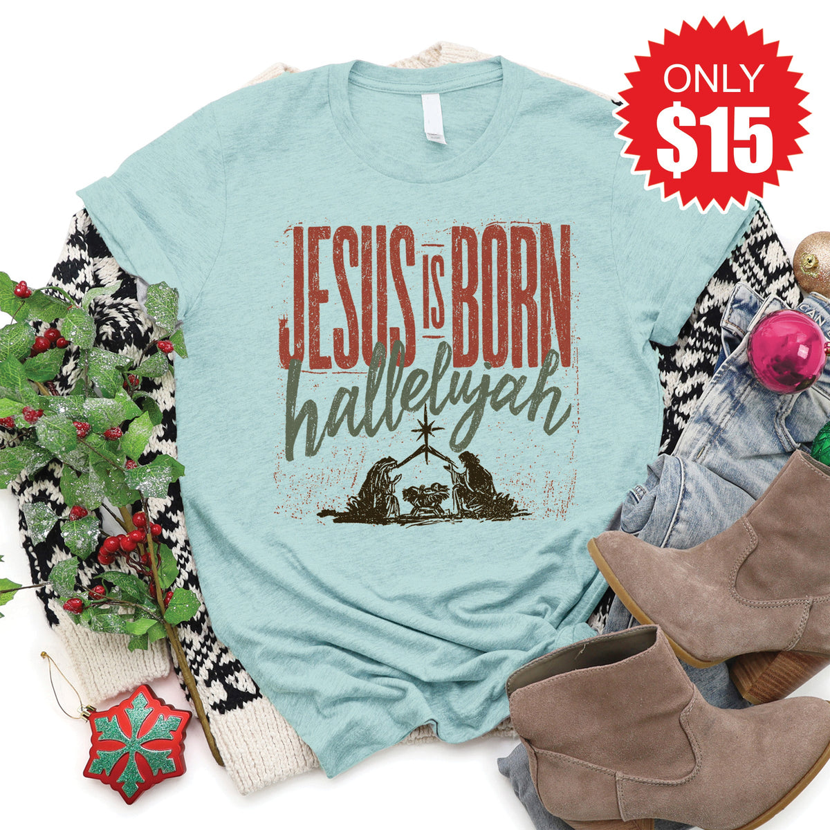 Jesus Is Born Tee - Heather Dusty Blue - 15 product image 1