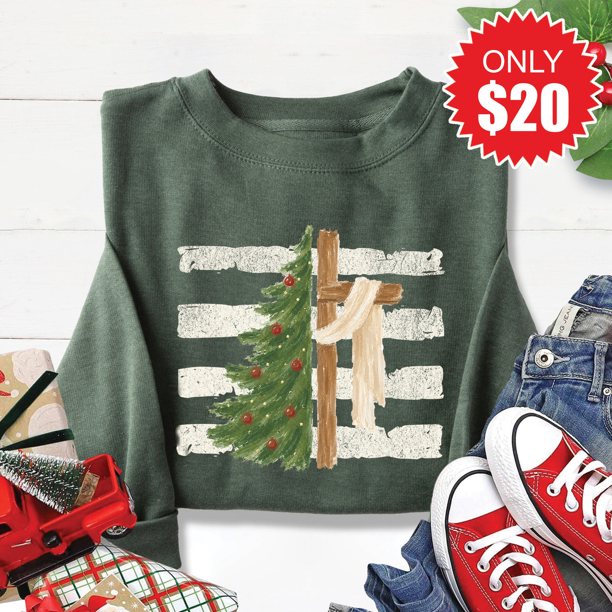 Cross and Christmas Tree Sweatshirt - Heather Forest - 20 product image 1