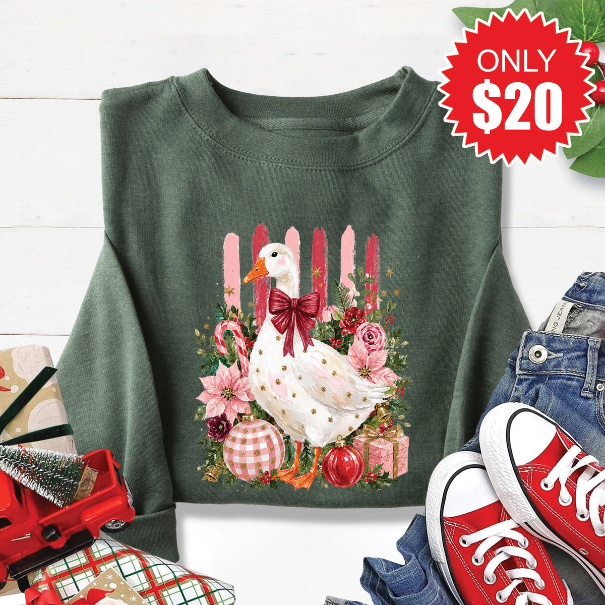Christmas Goose Sweatshirt - Heather Forest - 20 product image 1
