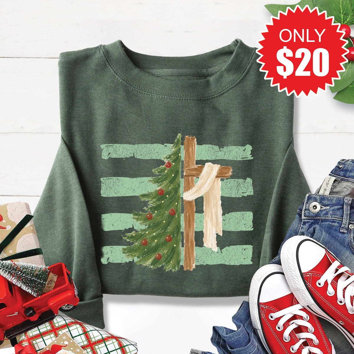 Cross and Christmas Tree Sweatshirt - Heather Forest - 20 product image 1