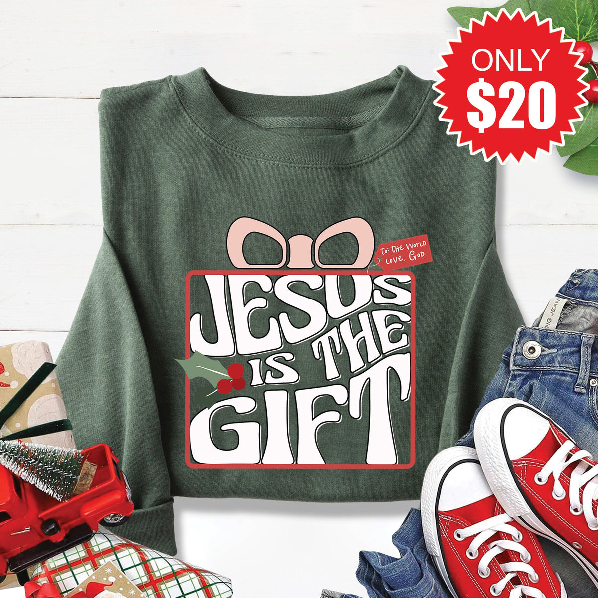 Jesus Is The Gift Sweatshirt - Heather Forest - 20 product image 1