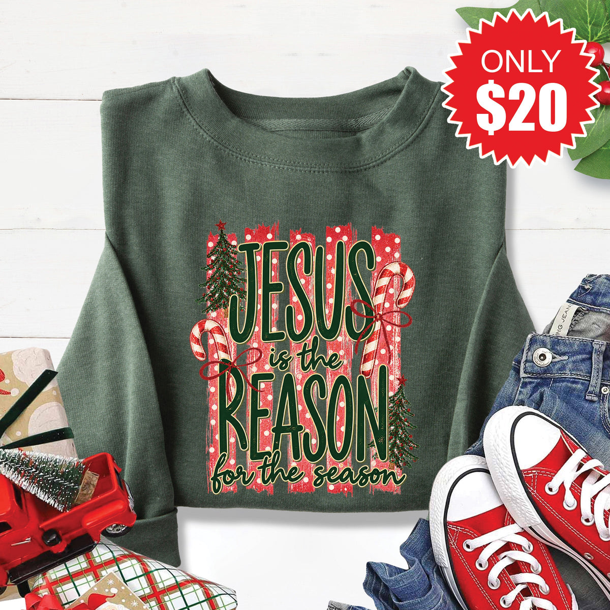 Jesus Is The Reason Sweatshirt - Heather Forest - 20 product image 1