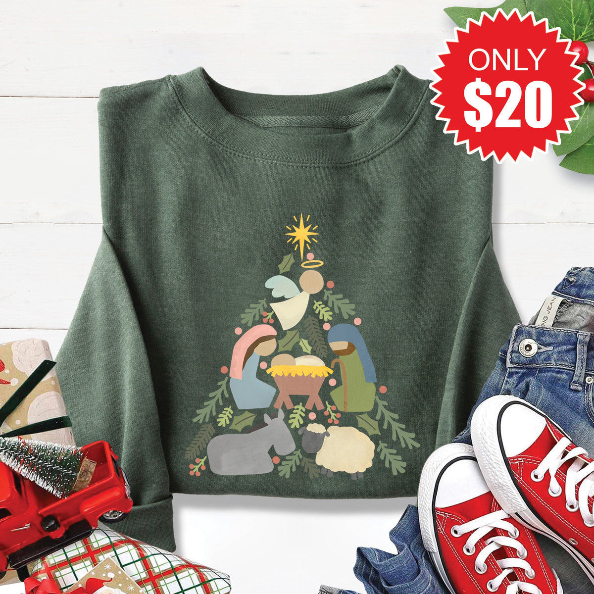 Nativity Tree Sweatshirt - Heather Forest - 20 product image 1