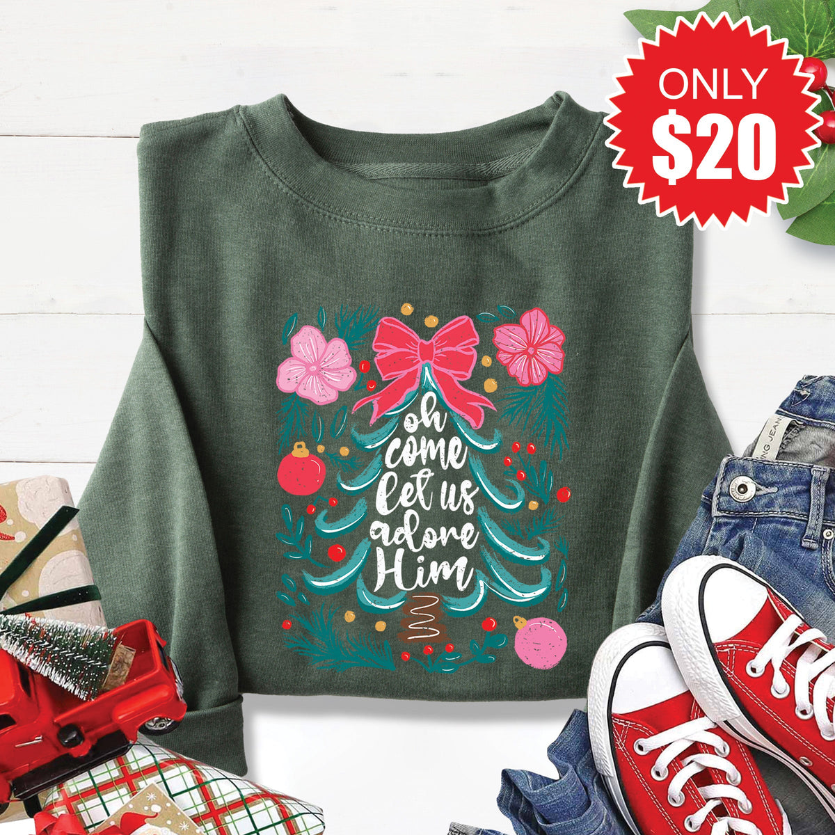 Oh Come Let Us Adore Him Sweatshirt - Heather Forest - 20 product image 1