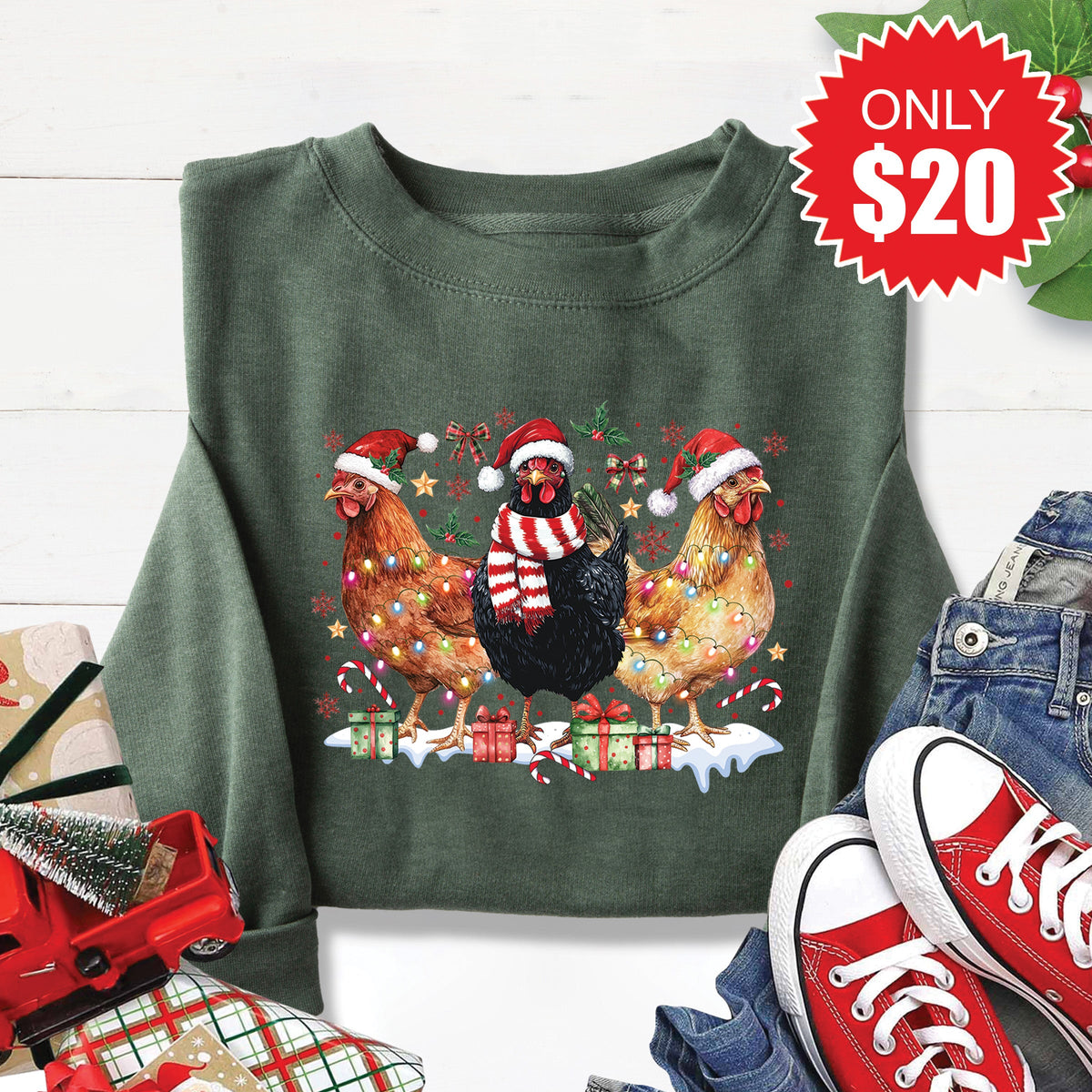 Chicken Christmas Sweatshirt - Heather Forest - 20 product image 1