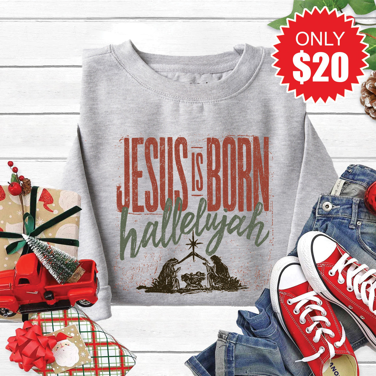Jesus Is Born Sweatshirt - Heather Grey - 20 product image 1