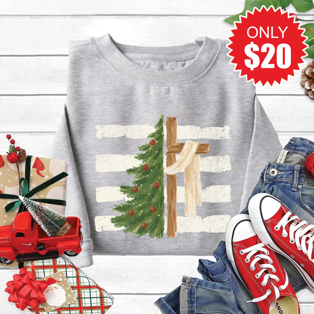 Cross and Christmas Tree Sweatshirt - Heather Grey - 20 product image 1