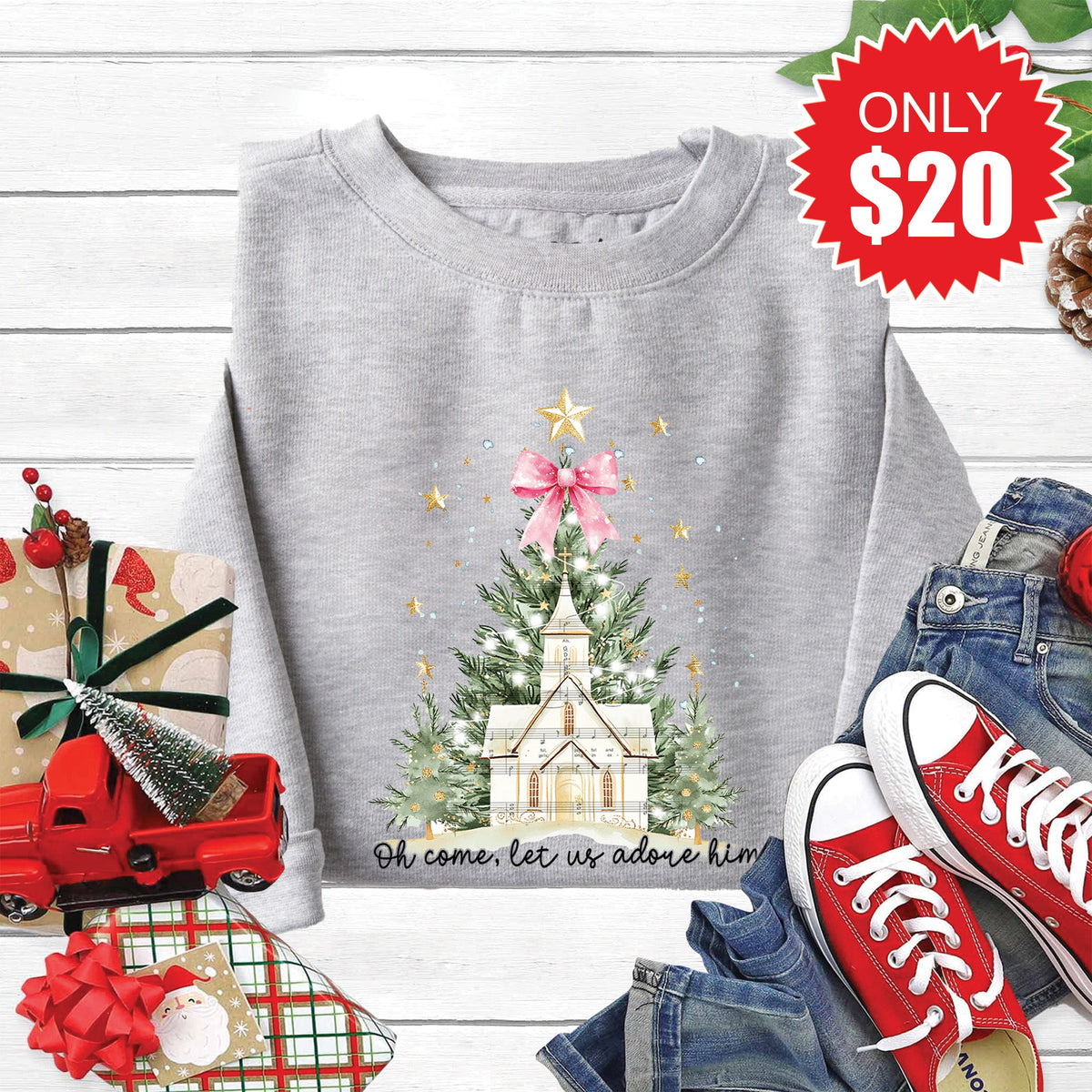Adore Him Christmas Tree Sweatshirt - Heather Grey - 20 product image 1