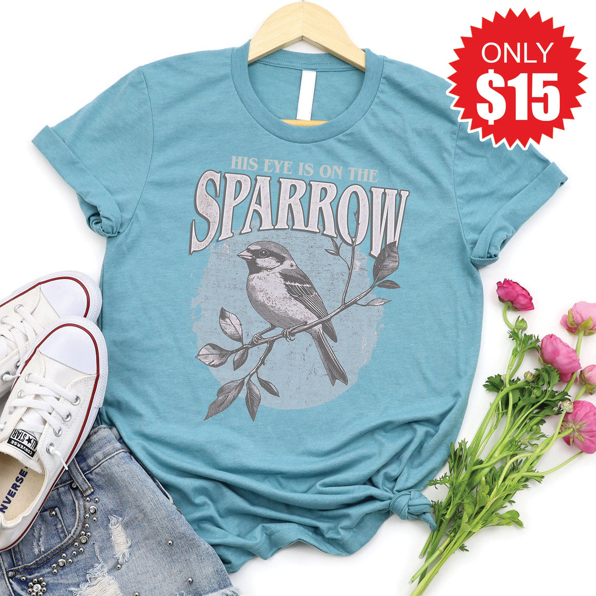 His Eye Is On The Sparrow Tee - Heather Lagoon - 15 product image 1