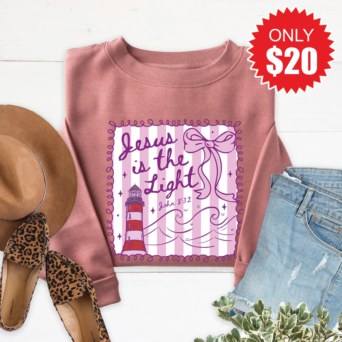 Jesus Is The Light Sweatshirt - Heather Mauve - 20 product image 1