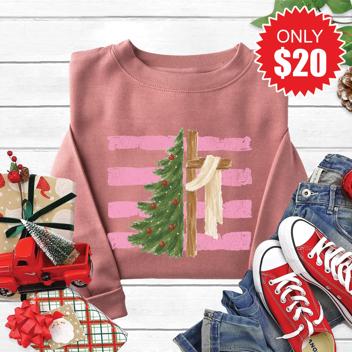 Cross and Christmas Tree Sweatshirt - Heather Mauve - 20 product image 1