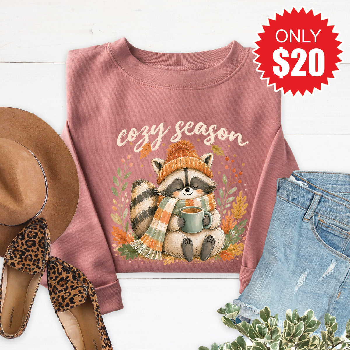 Cozy Season Raccoon Sweatshirt - Heather Mauve - 20 product image 1