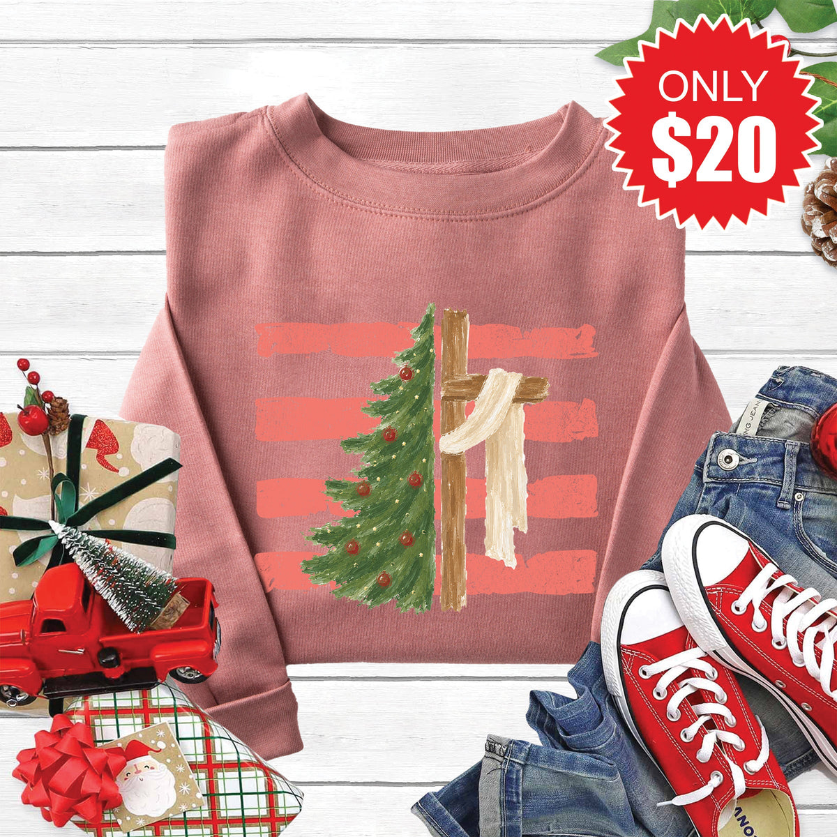 Cross and Christmas Tree Sweatshirt - Heather Mauve - 20 product image 1