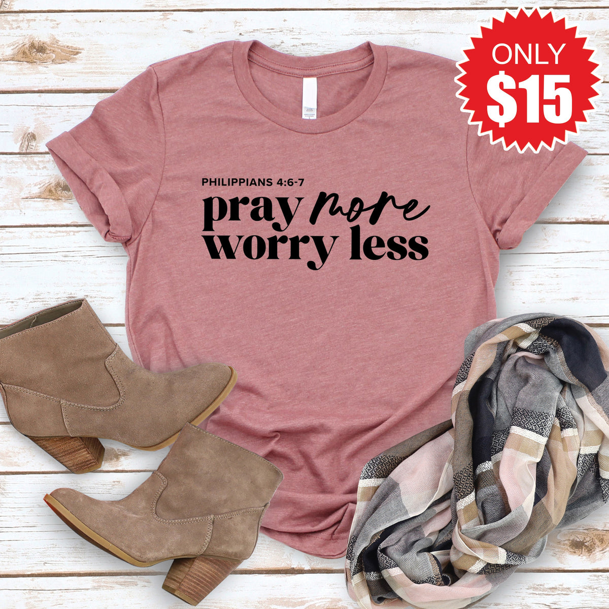 Pray More, Worry Less Tee - Heather Mauve - 15 product image 1