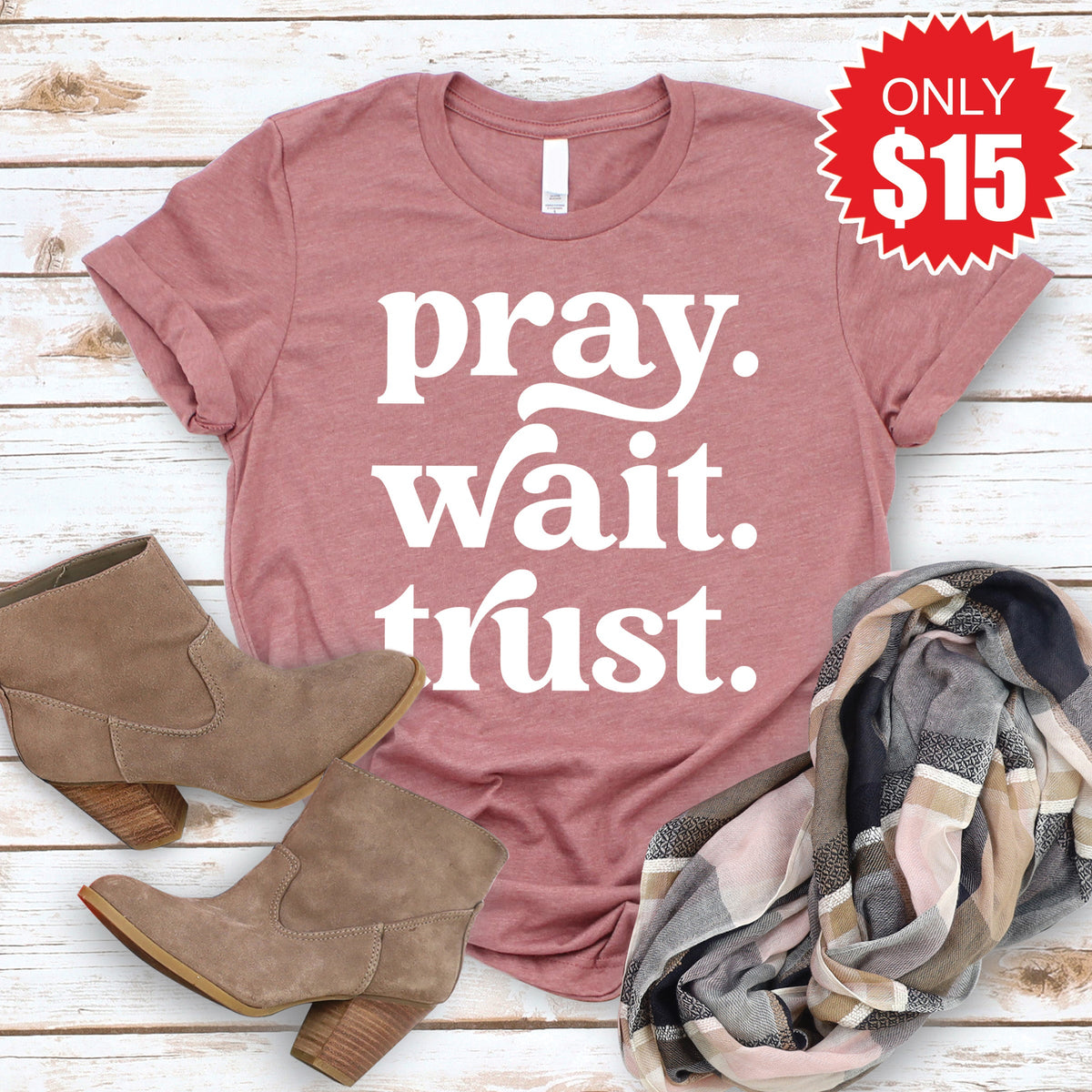 Pray Wait Trust Tee - Heather Mauve - 15 product image 1