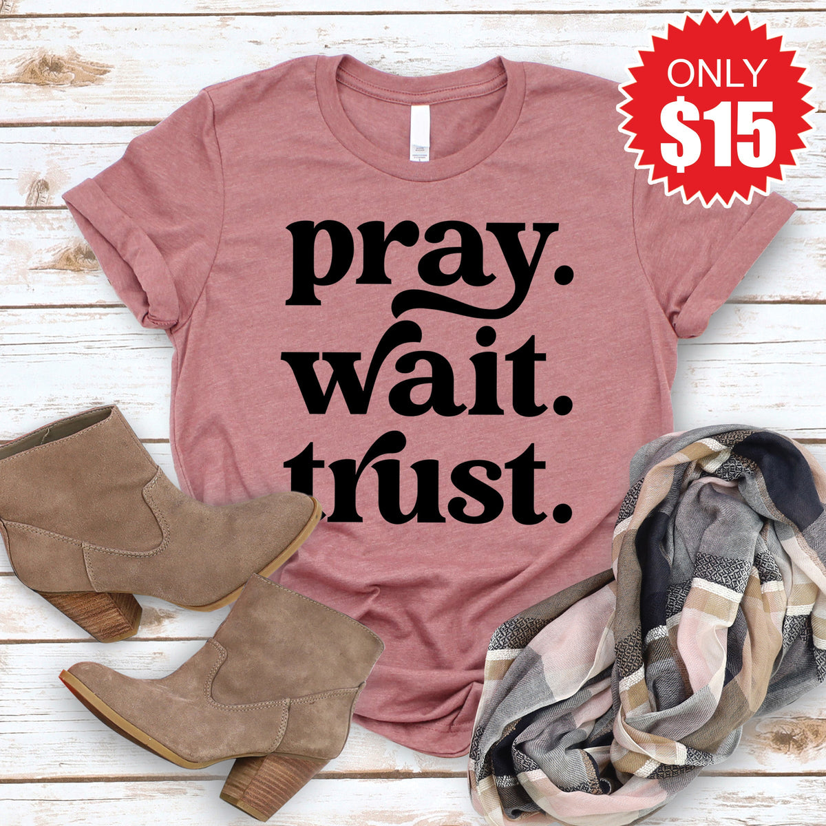Pray Wait Trust Tee - Heather Mauve - 15 product image 1