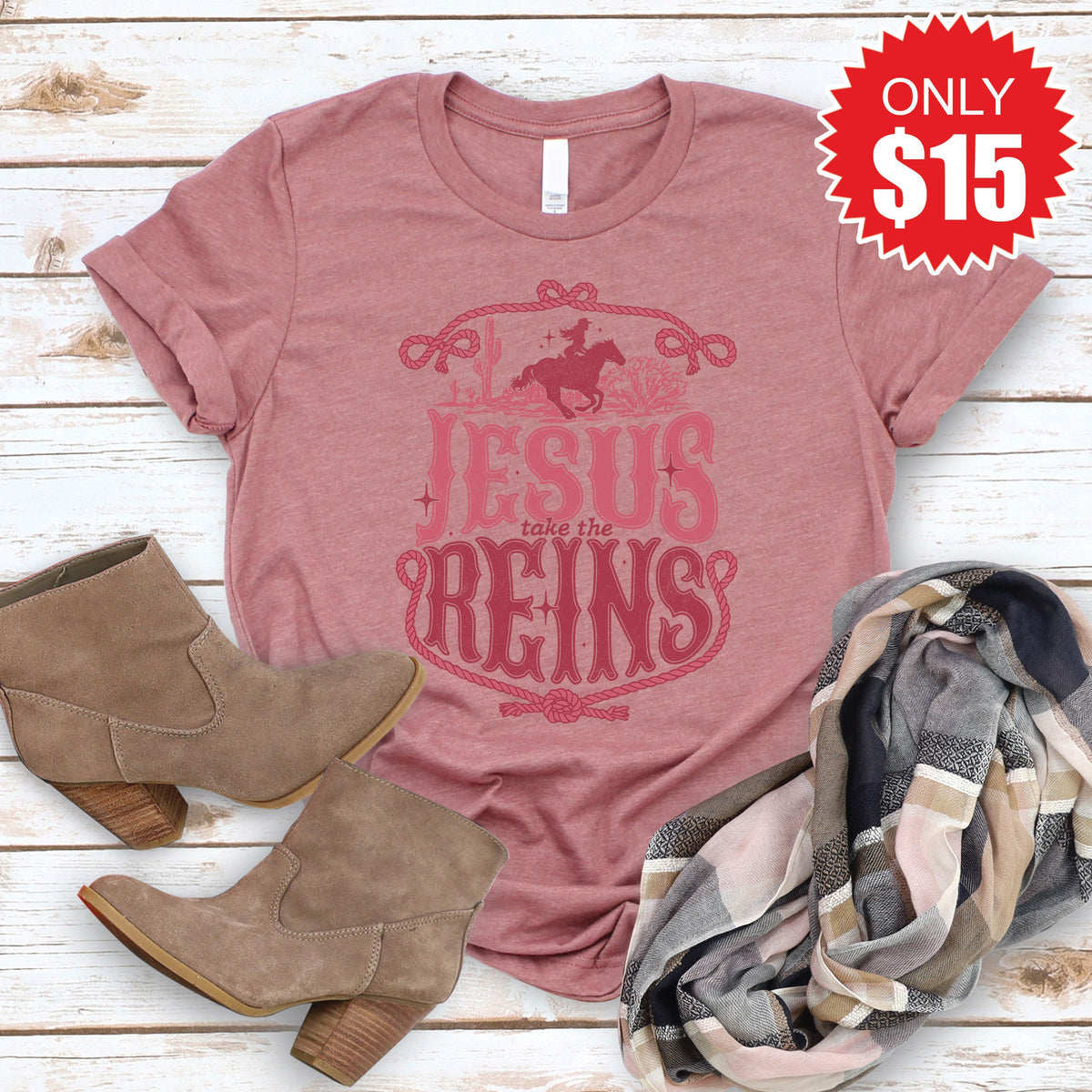 Jesus Took the Reins Tee - Heather Mauve - 15 product image 1