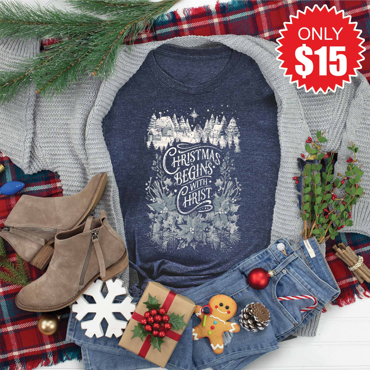 Christmas Begins With Christ Tee - Heather Navy - 15 product image 1