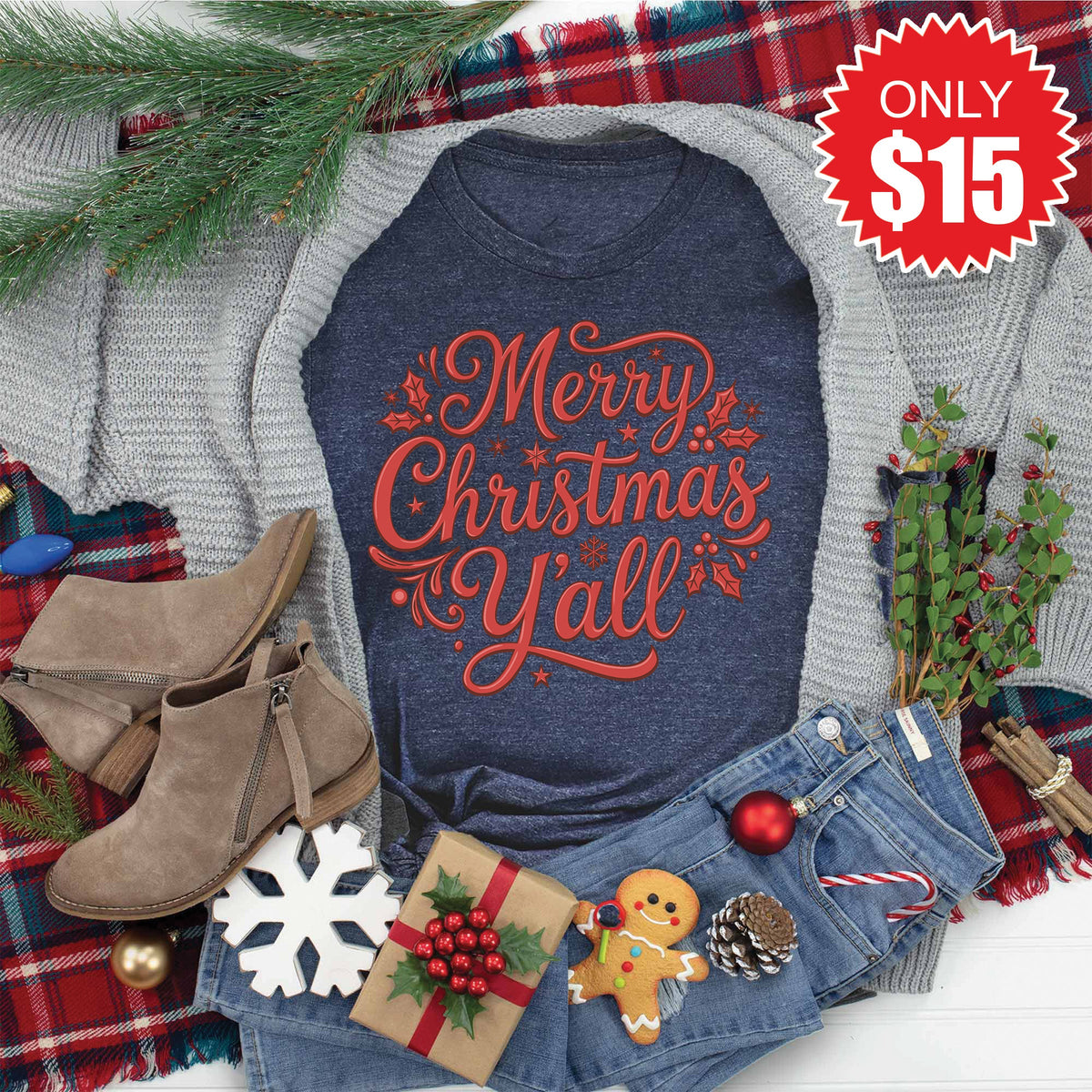 Merry Christmas Yall Tee - Heather Navy - 15 product image 1