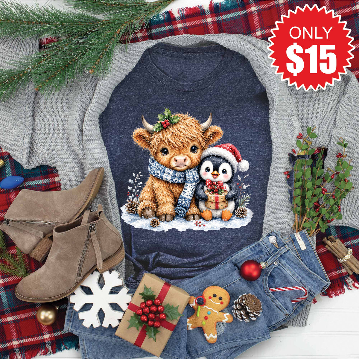 Christmas Cow Tee - Heather Navy - 15 product image 1