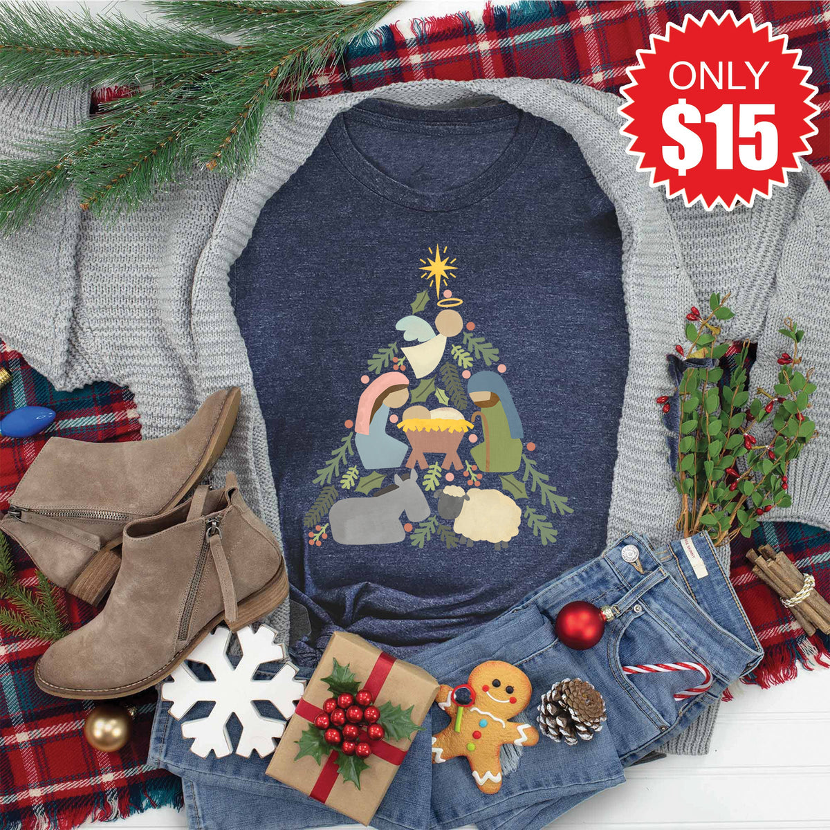 Nativity Tree Tee - Heather Navy - 15 product image 1