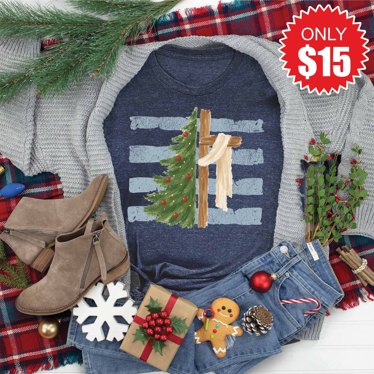 Cross and Christmas Tree Tee - Heather Navy - 15 product image 1