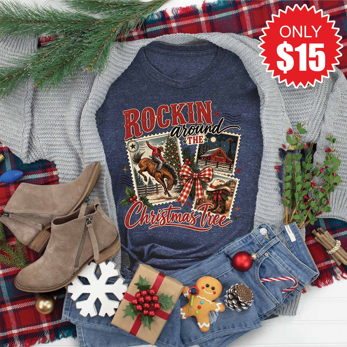 Rockin Around The Christmas Tree Tee - Heather Navy - 15 product image 1