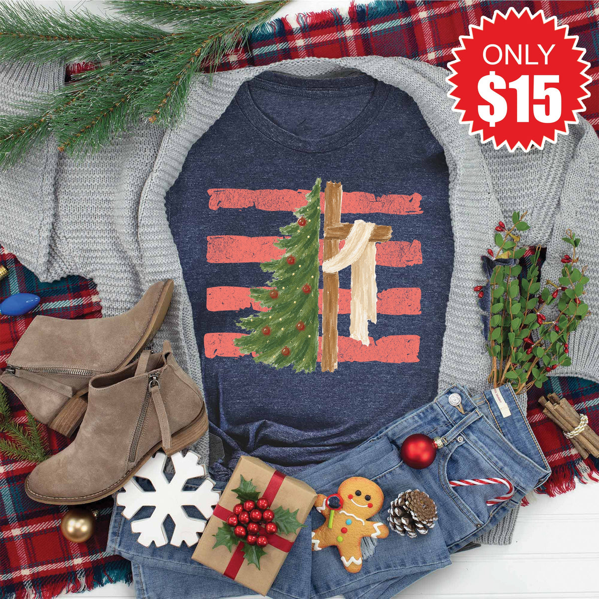 Cross and Christmas Tree Tee - Heather Navy - 15 product image 1