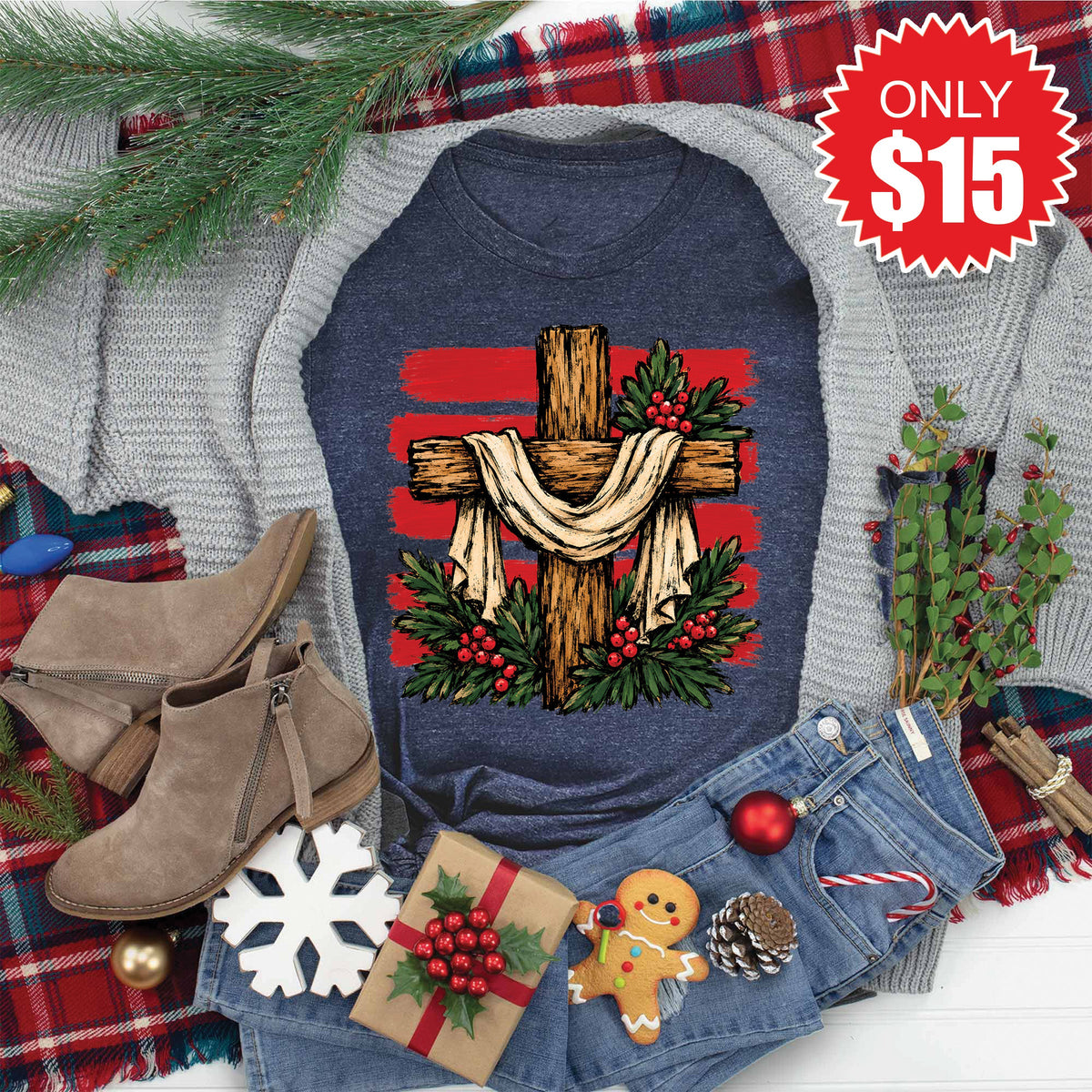 Christmas Cross Tee - Heather Navy - 15 product image 1