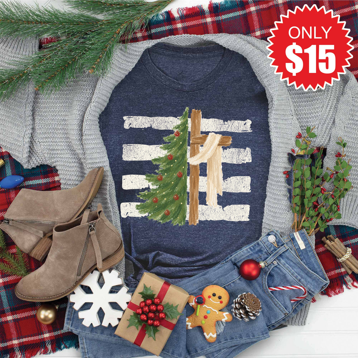 Cross and Christmas Tree Tee - Heather Navy - 15 product image 1