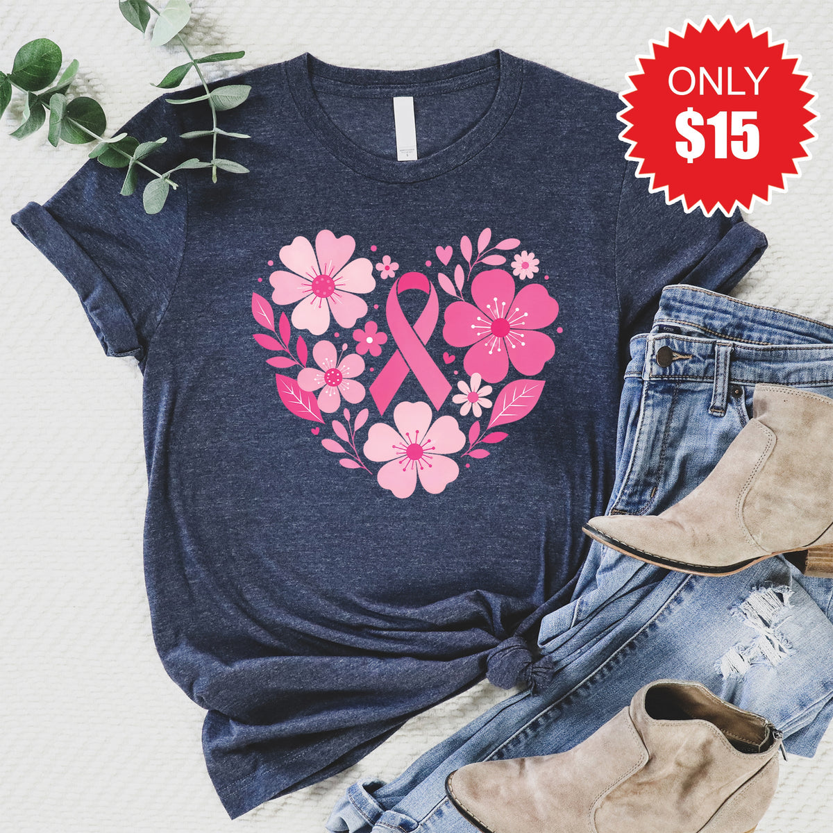 Pink Ribbon Floral Tee - Heather Navy - 15 product image 1