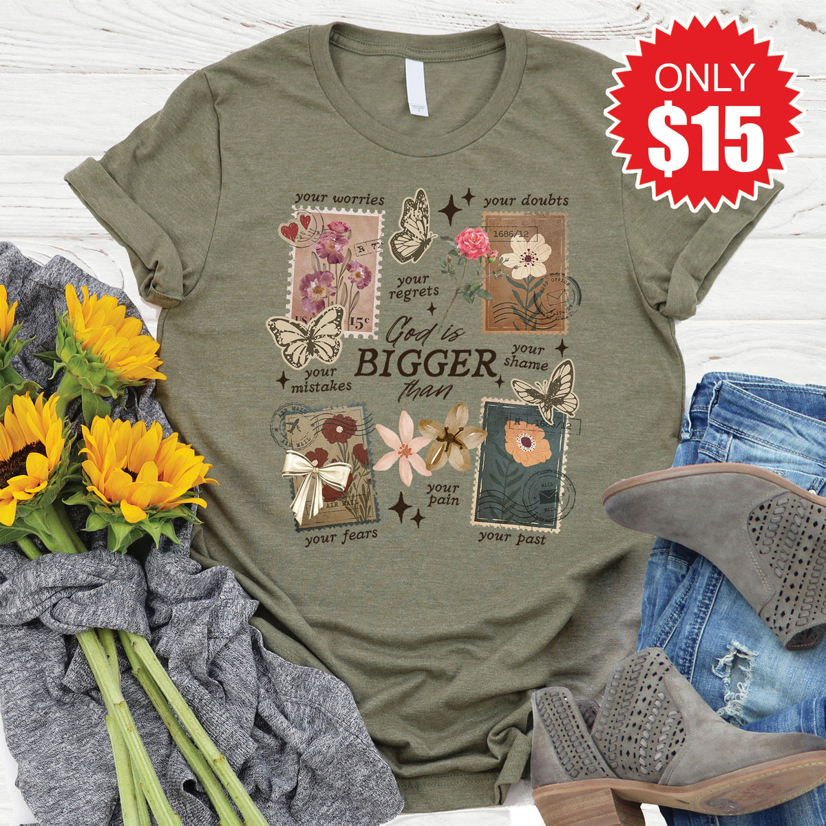 God Is Bigger Tee - Heather Olive - 15