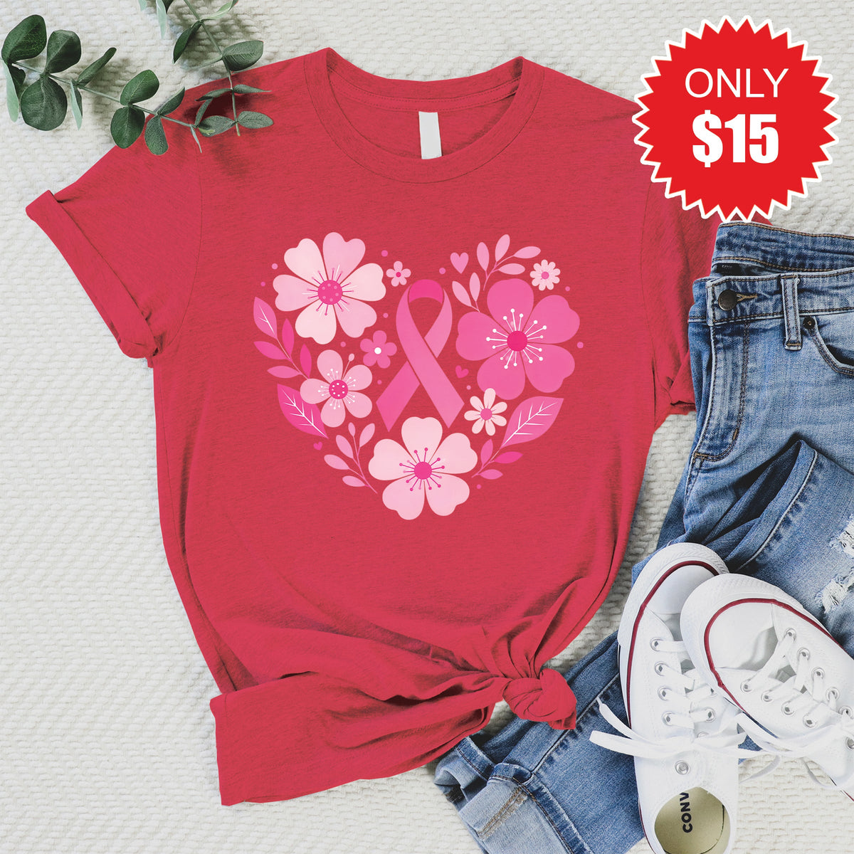 Pink Ribbon Floral Tee - Heather Scarlet - 15 product image 1