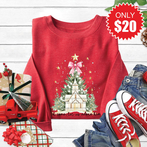 Adore Him Christmas Tree Sweatshirt - Heather Scarlet - 20 product image 1