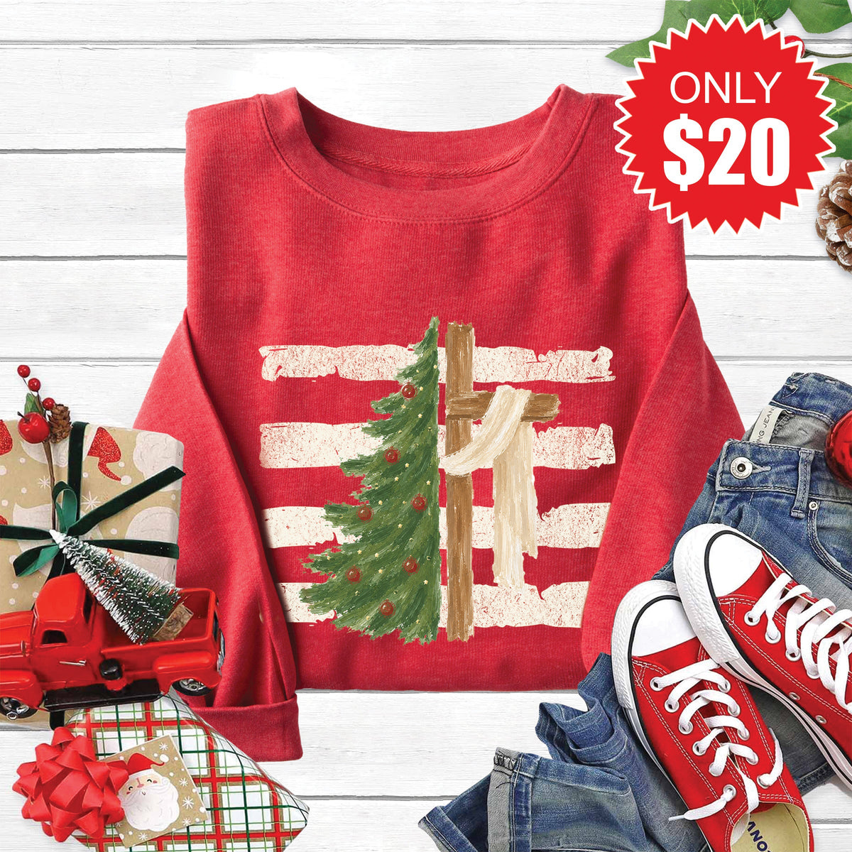 Cross and Christmas Tree Sweatshirt - Heather Scarlet - 20 product image 1