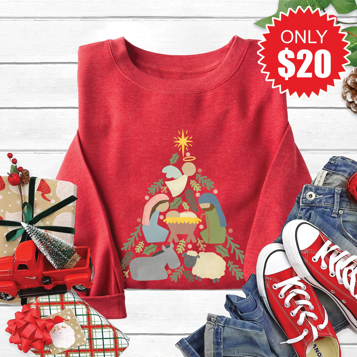 Nativity Tree Sweatshirt - Heather Scarlet - 20 product image 1