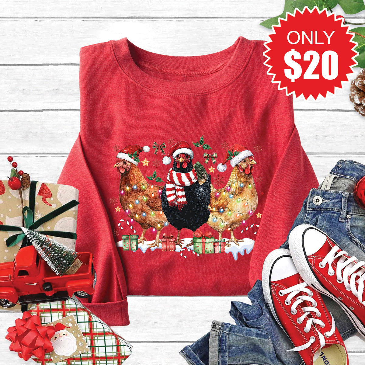 Chicken Christmas Sweatshirt - Heather Scarlet - 20 product image 1