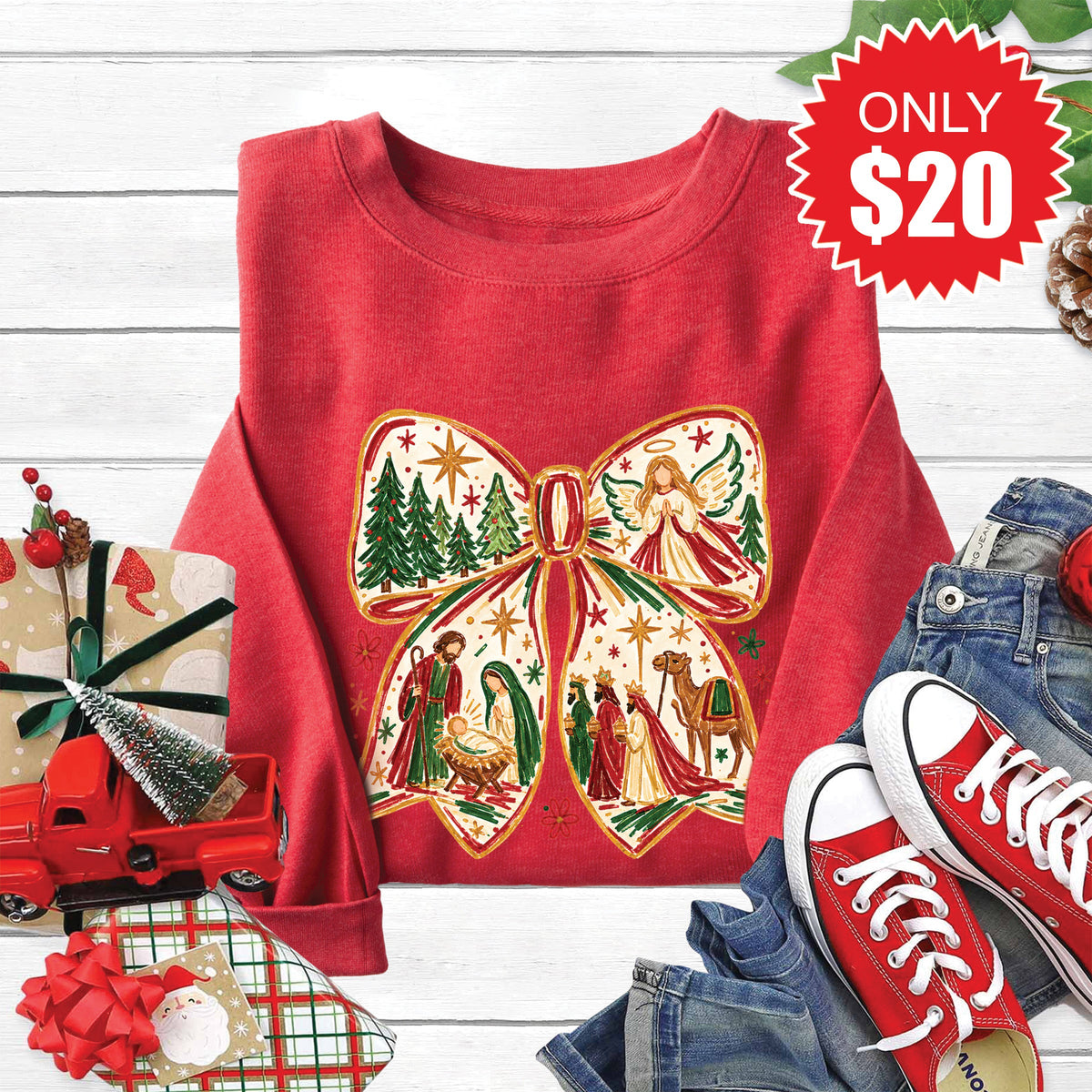 Christmas Bow Sweatshirt - Heather Scarlet - 20 product image 1