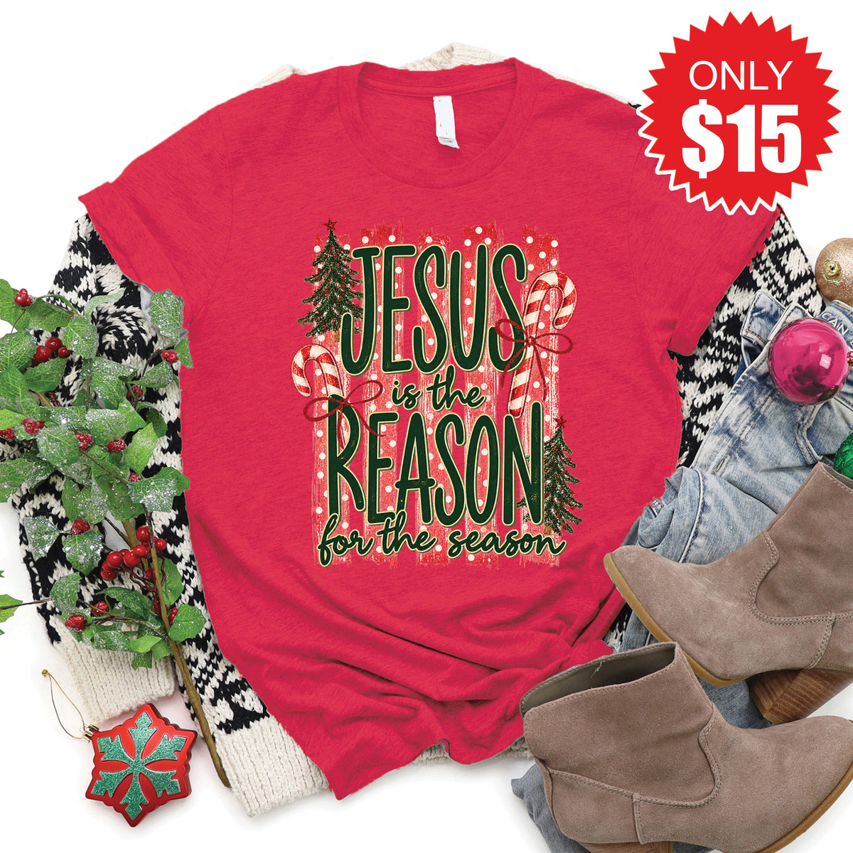 Jesus Is The Reason Tee - Heather Scarlet - 15 product image 1