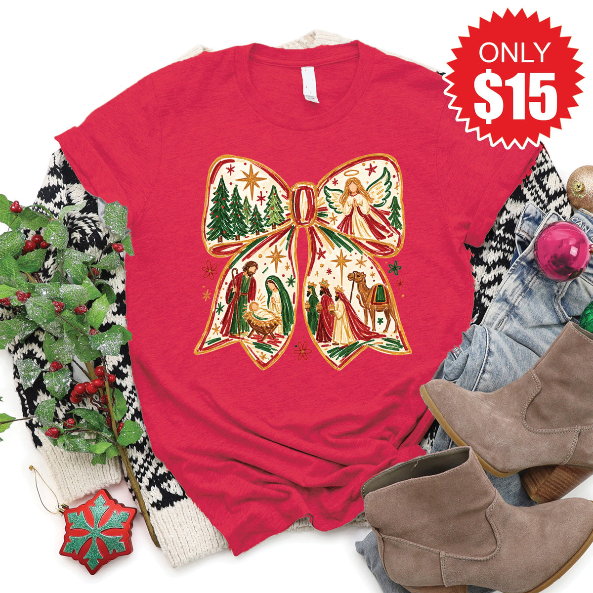 Christmas Bow Tee - Heather Scarlet - 15 product image 1