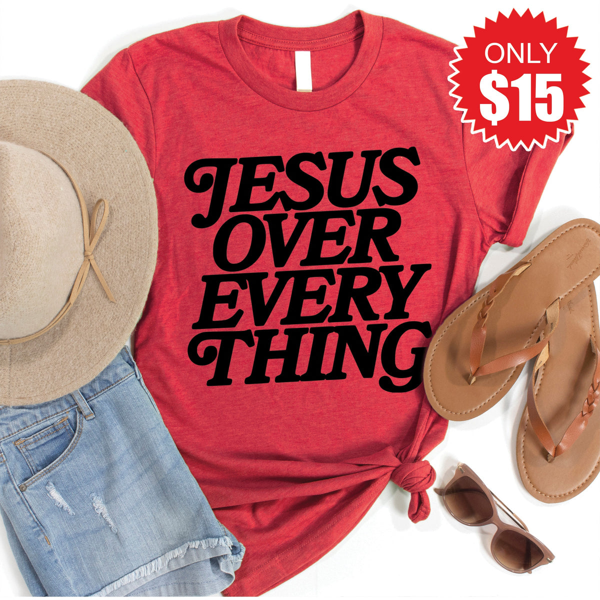 Jesus Over Everything Tee - Heather Scarlet - 15 product image 1