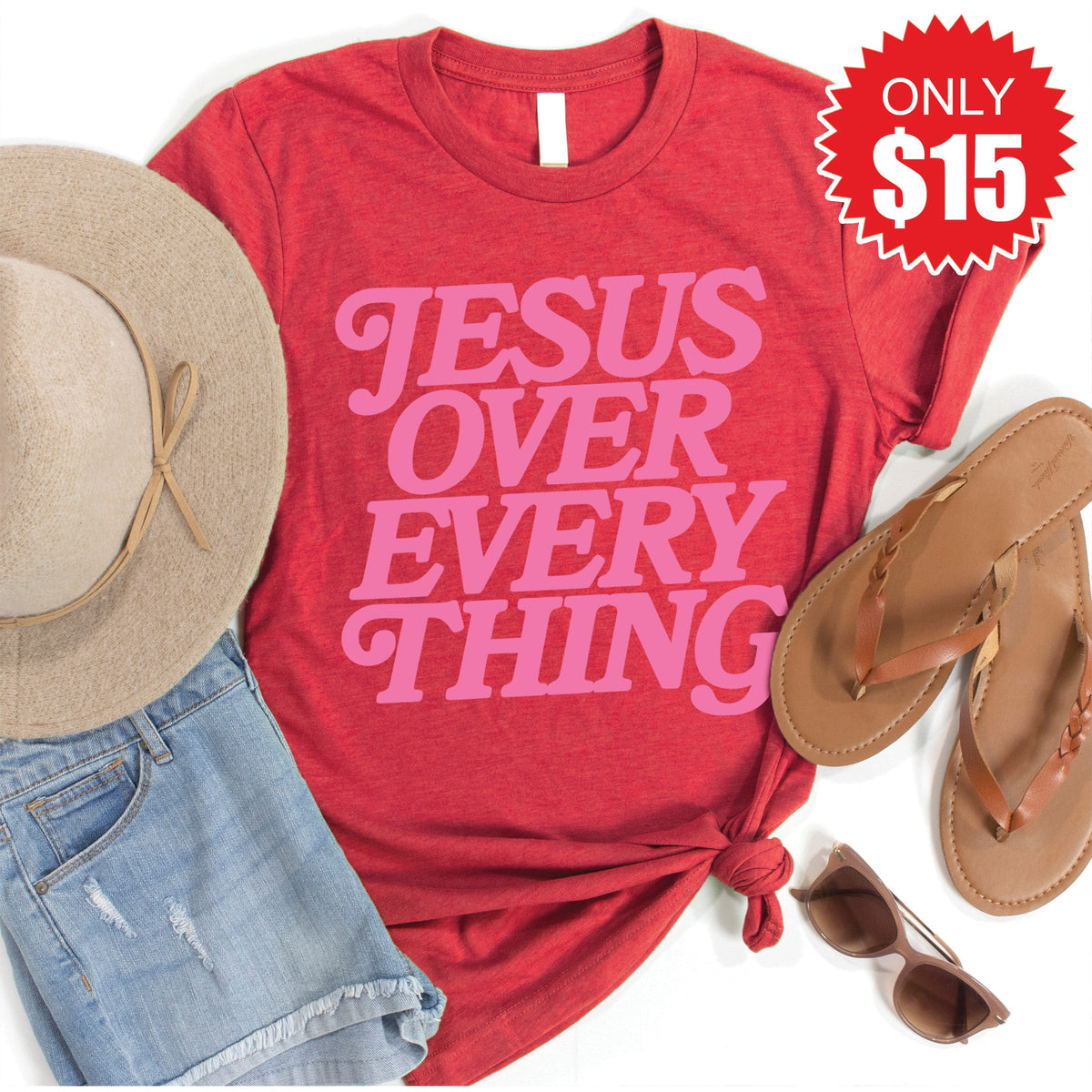 Jesus Over Everything Tee - Heather Scarlet - 15 product image 1