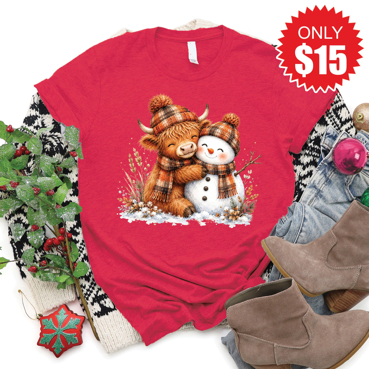 Christmas Cow Tee - Heather Scarlet - 15 product image 1