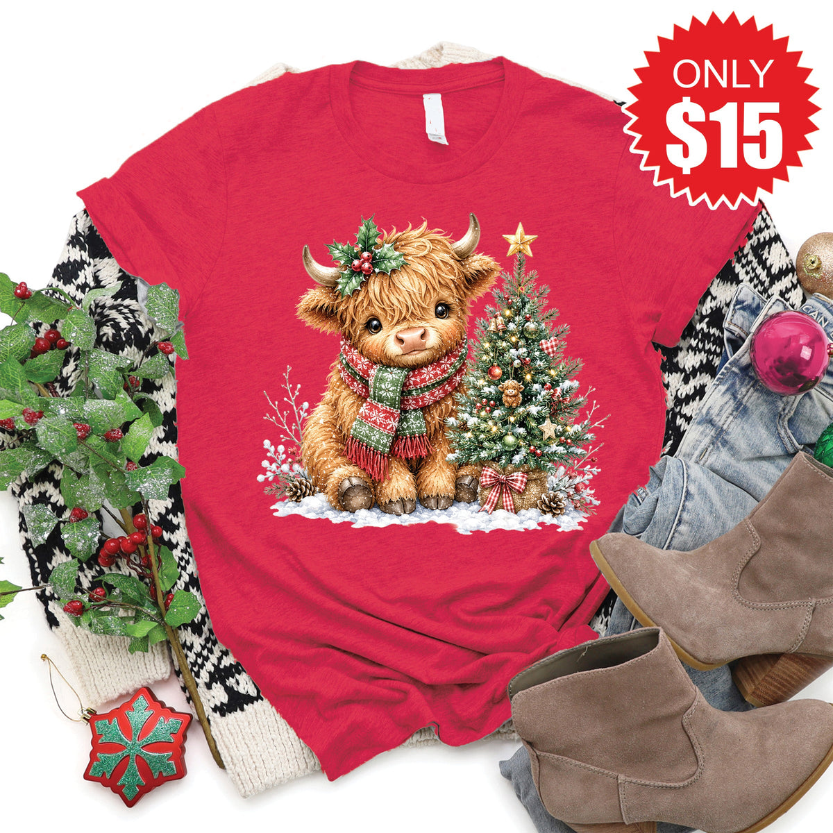 Christmas Cow Tee - Heather Scarlet - 15 product image 1