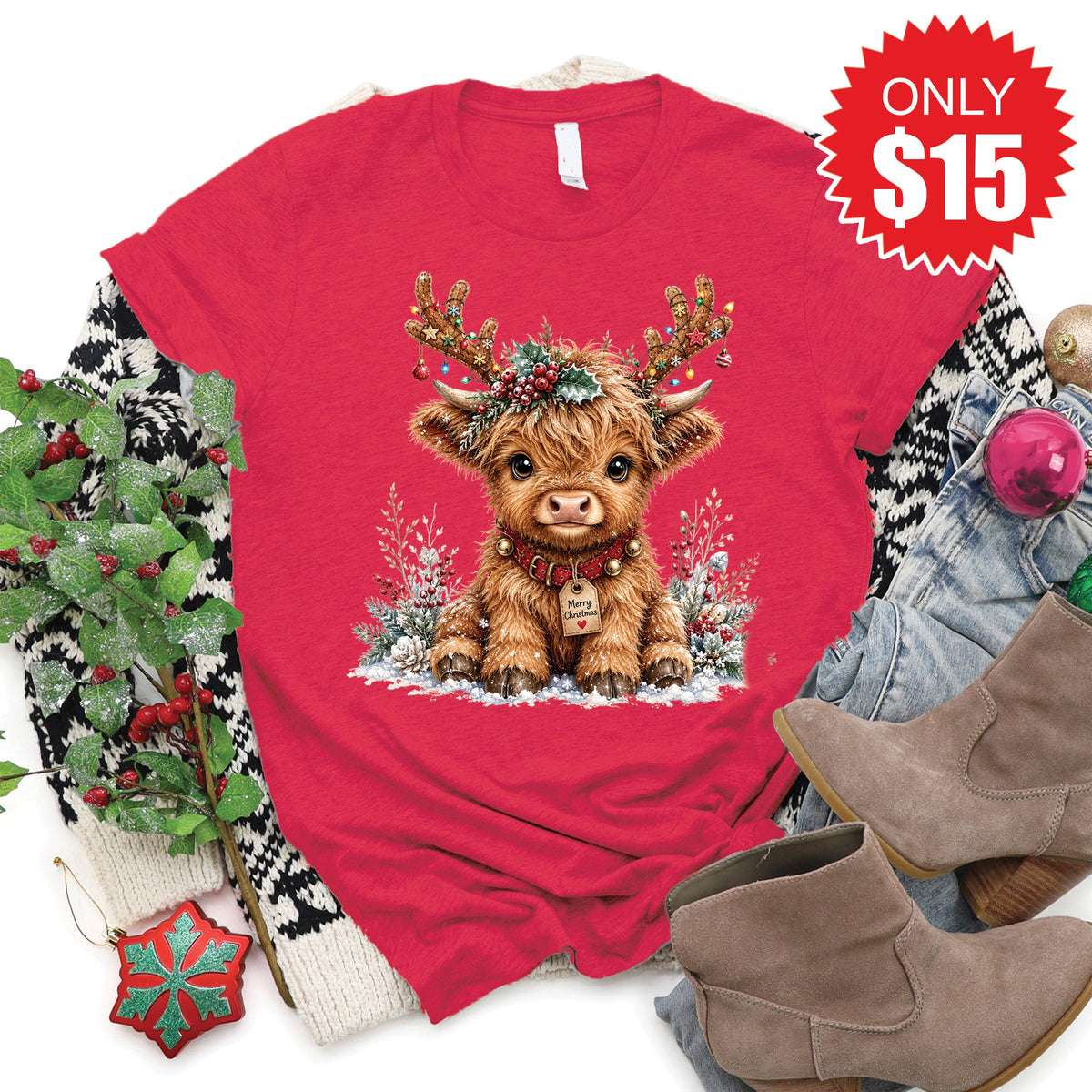 Christmas Cow Tee - Heather Scarlet - 15 product image 1