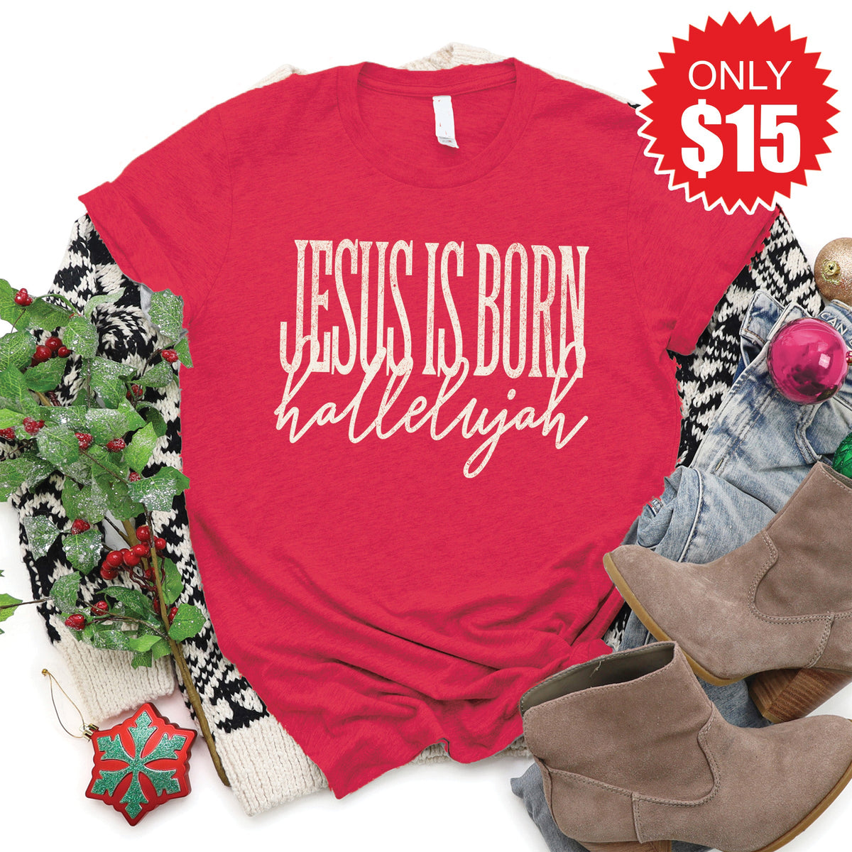 Jesus Is Born Tee - Heather Scarlet - 15 product image 1